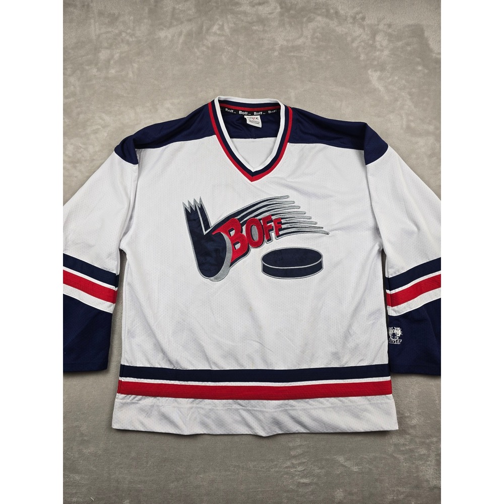 Vintage Boff Hockey Jersey Mens L White Red Blue V-Neck Long Sleeve *Read